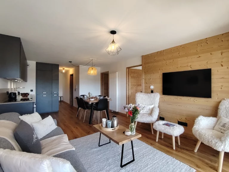 Location appartement à l'alpe d'huez avec un salon, fauteuil, télévision et cuisine en arrière plan