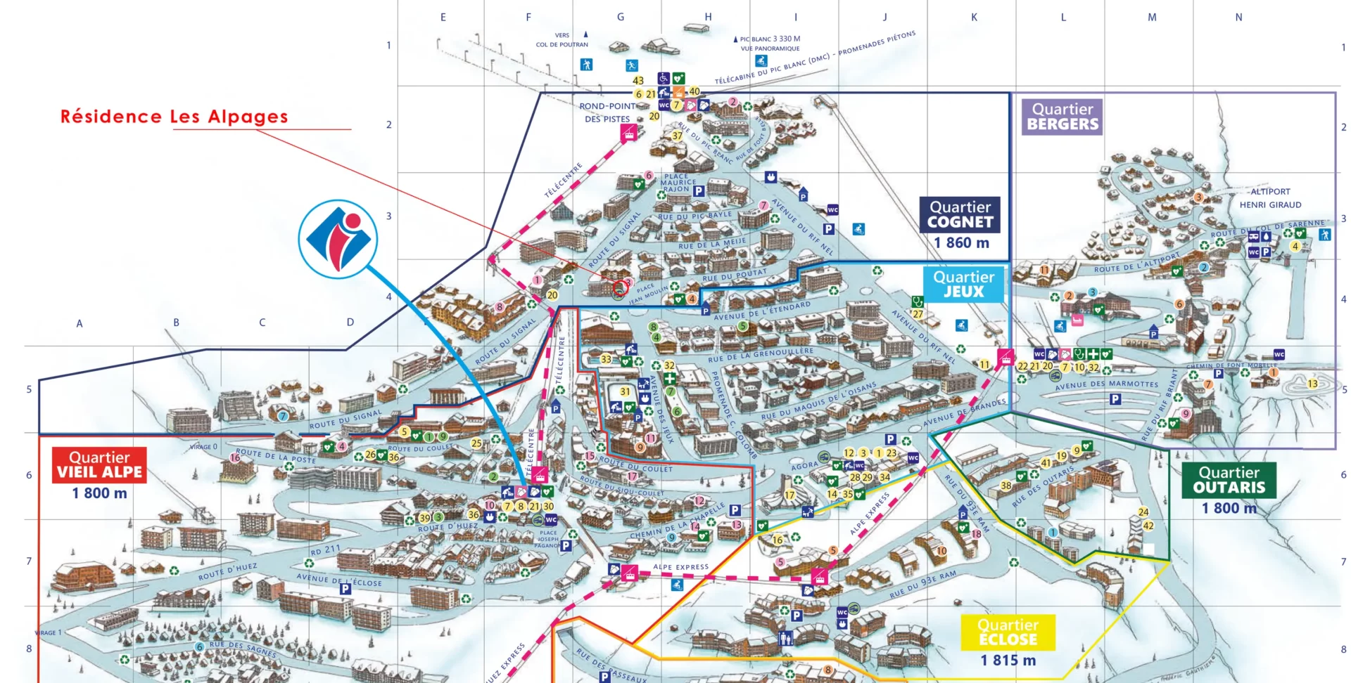 Carte de l’Alpe d’Huez indiquant l’emplacement de la résidence Les Alpages, proche des pistes, commerces et activités.