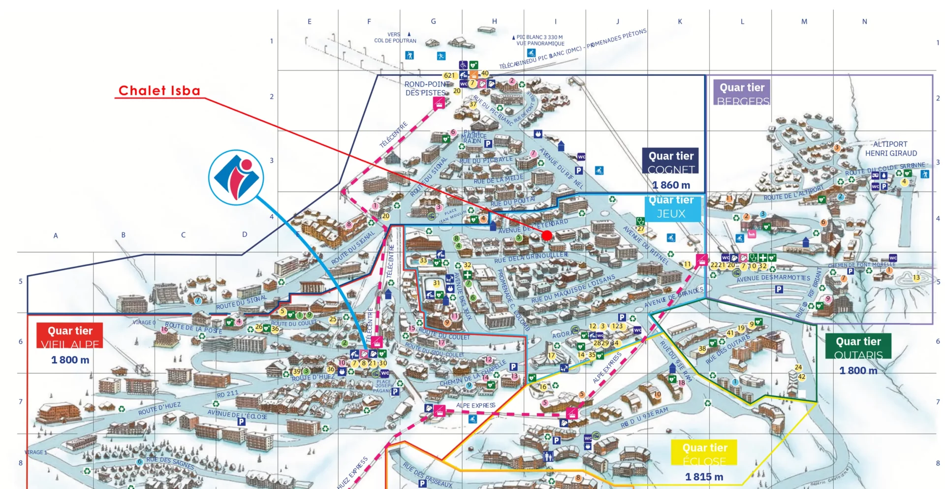 Plan de situation du Chalet Isba sur la carte de l’Alpe d’Huez, indiquant son emplacement dans le quartier des Jeux