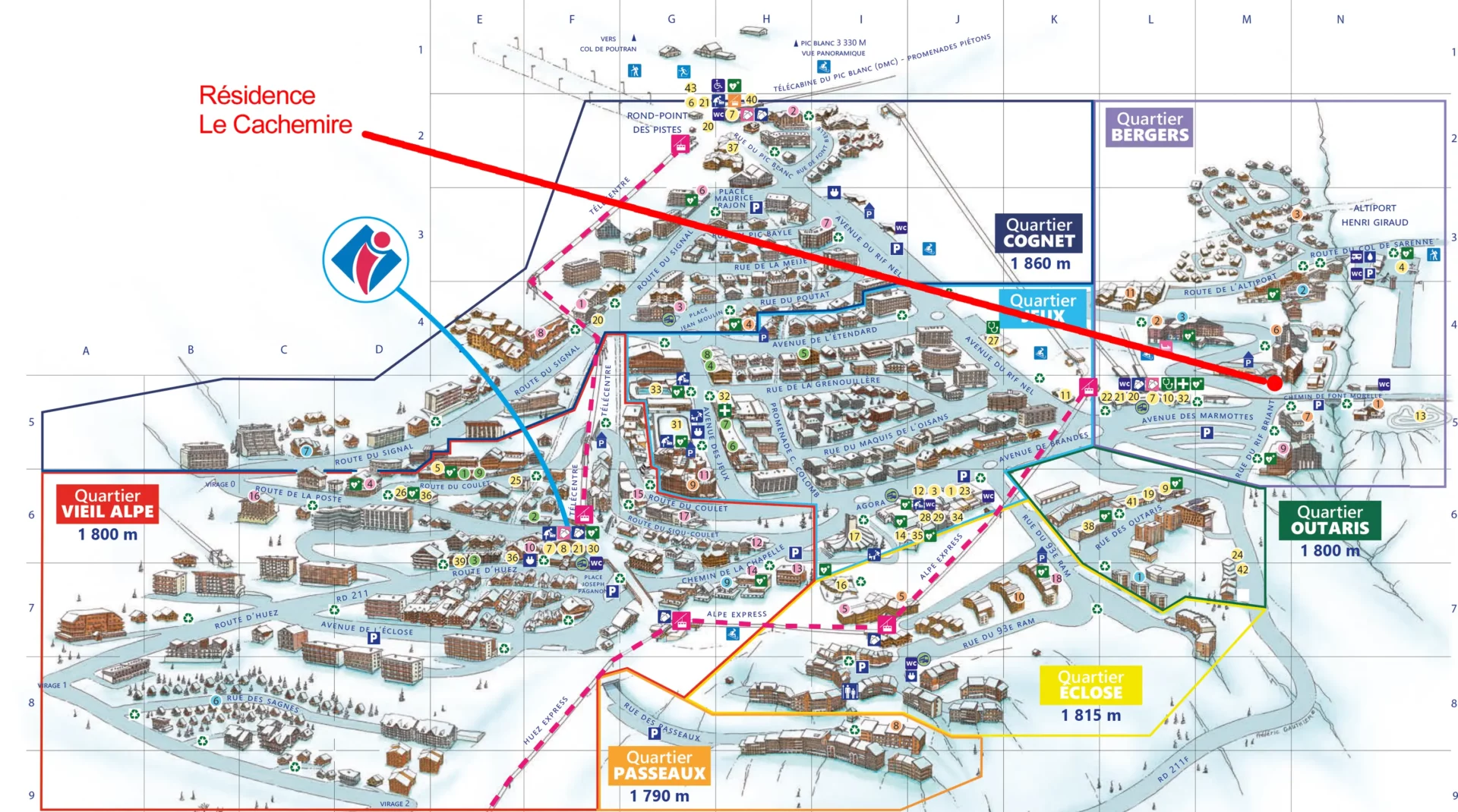 Plan de la station de l’Alpe d’Huez indiquant la localisation de la résidence Cachemire proche du Rond-Point des Pistes.